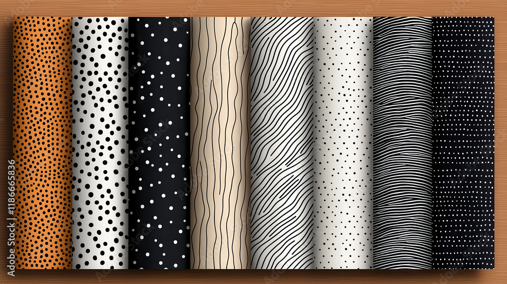 Poster hand drawn abstract geometric patterns in various colors and designs, featuring polka dots, stripes,
