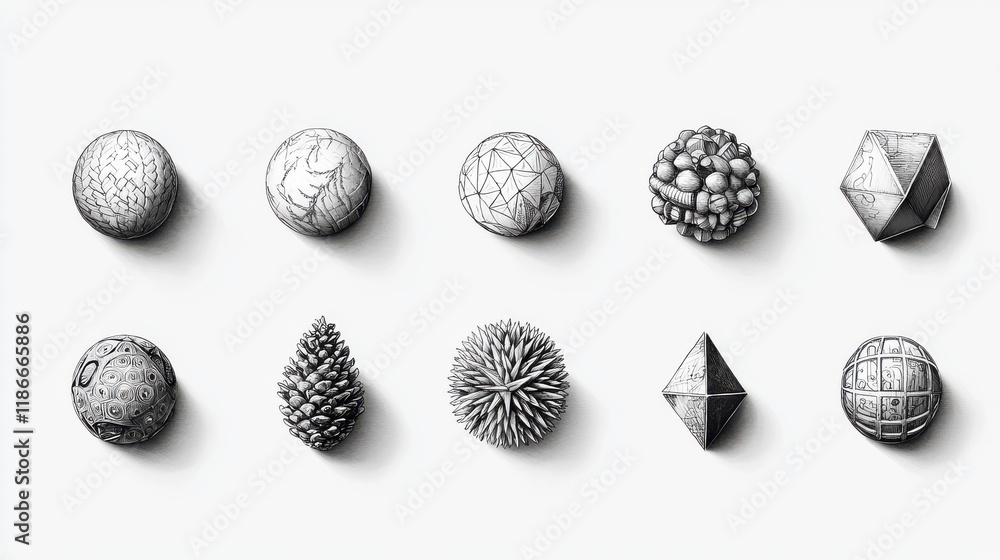 Poster hand drawn geometric shapes in monochrome, showcasing various textures and forms. this collection fe