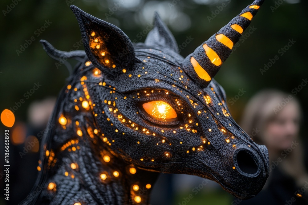 Poster a close-up of a unicorn face, with intricate details of its glowing horn and sparkling eyes against 