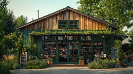 Sustainable Barn-Style Cafe: A beautifully designed barn cafe featuring energy-efficient windows, a lush green facade, and ample  space for branding or promotional text