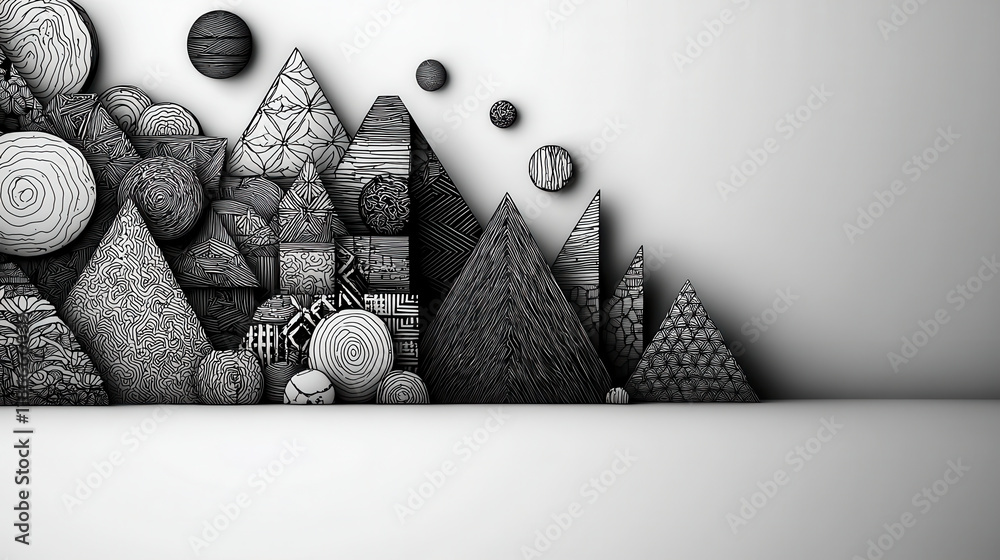 Poster intricate hand drawn geometric shapes create captivating monochrome landscape. composition features 