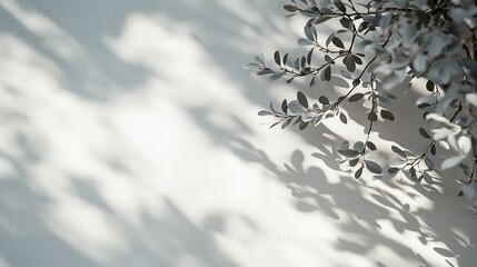 Sunlight casts shadows of leaves on a white wall. (1)