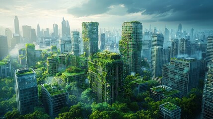 Fototapeta premium Sustainable Urban Skyline: Modern cityscape featuring green roofs, abundant vegetation, and energy-efficient glass facades, a harmonious representation of sustainable urban planning