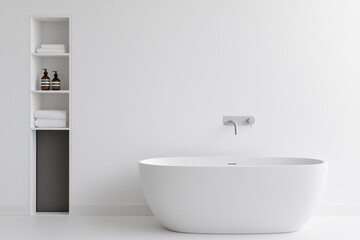 Fototapeta premium Minimalist bathroom design featuring a sleek bathtub and open shelving.