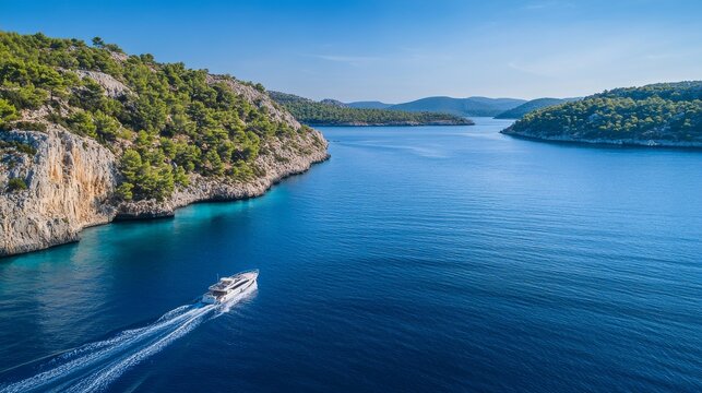 Srone view, boat sailing swiftly on the blue, calm sea leaving a foamy trail, clear sunny weather
