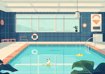 Swimming pool, cartoon style, children's illustration style, simple illustration
