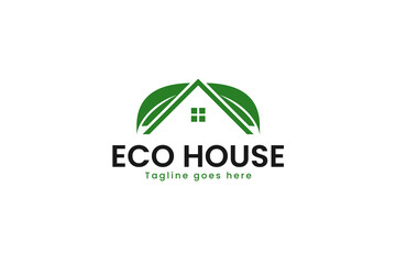 Logo combining house roof and green leaf for an eco-friendly home concept with a modern minimalist style