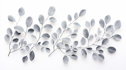 Silver eucalyptus branches arranged on white background.