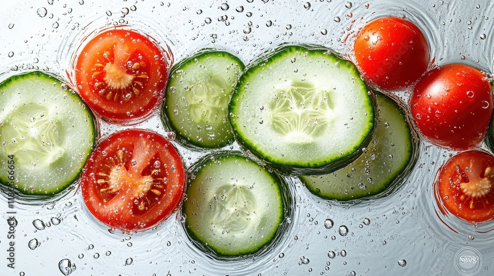 Poster refreshing close-up of sliced cucumbers and tomatoes submerged in sparkling water, showcasing vibran