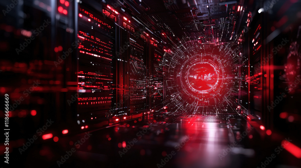 Fototapete Futuristic digital tunnel with red lights and data streams, creating high tech atmosphere. This concept represents advanced technology and innovation in virtual space