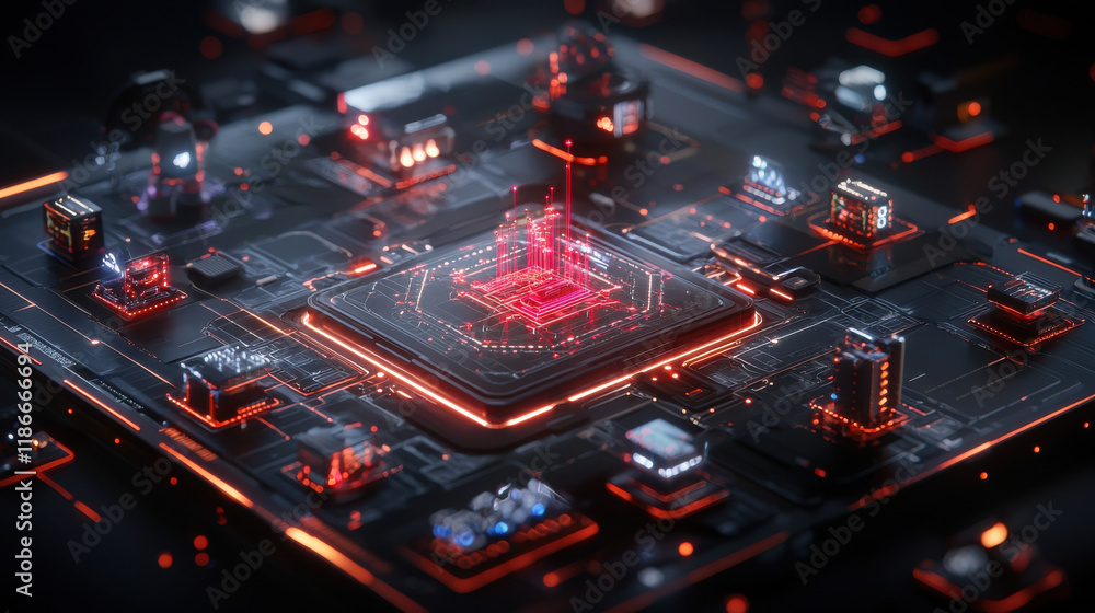 Poster futuristic concept of cloud gaming server farm with glowing circuits and processors, showcasing adva
