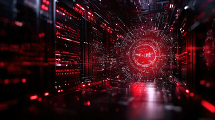 Obraz premium Futuristic digital tunnel with red lights and data streams, creating high tech atmosphere. This concept represents advanced technology and innovation in virtual space
