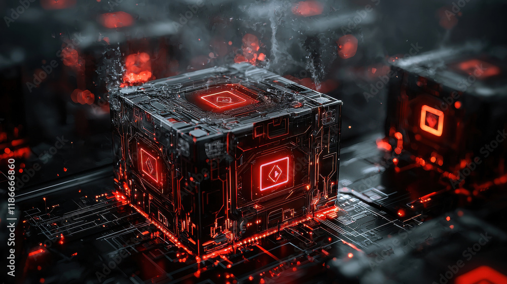 Aufkleber futuristic concept of cloud gaming server farm with glowing cubes, showcasing advanced technology an