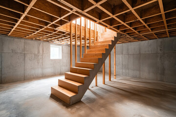 Fototapeta premium Modern basement interior featuring wooden stairs and concrete walls, showcasing design elements.