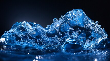 Abstract blue ice formation with air bubbles on dark background.