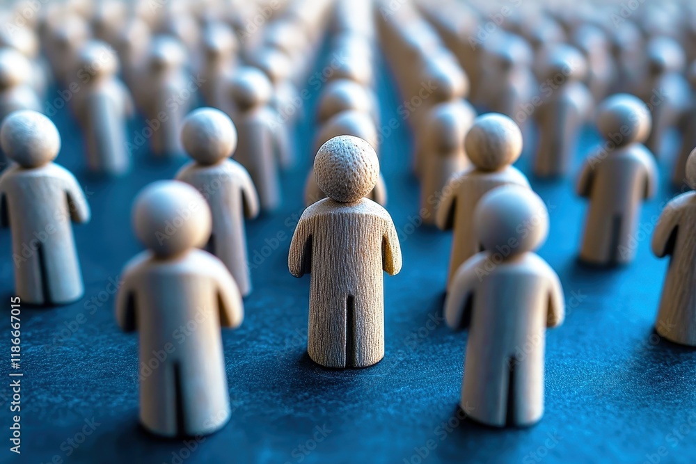 Poster a unique wooden figurine surrounded by numerous identical figures representing individuality and dis
