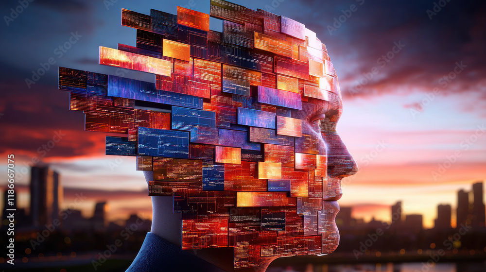 Leinwandbilder conceptual art piece depicting artificial intelligence with fragmented head made of colorful digital