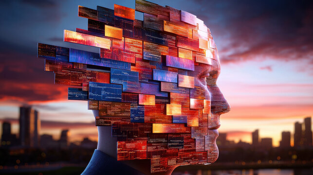 conceptual art piece depicting artificial intelligence with fragmented head made of colorful digital panels, symbolizing complexity of technology and human thought