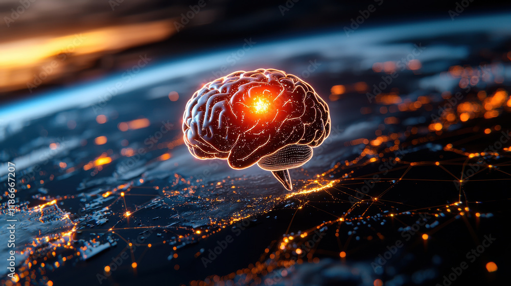Poster conceptual artwork of AI powered brain hovering above digital landscape, symbolizing intelligence and connectivity. glowing brain represents advanced technology and innovation