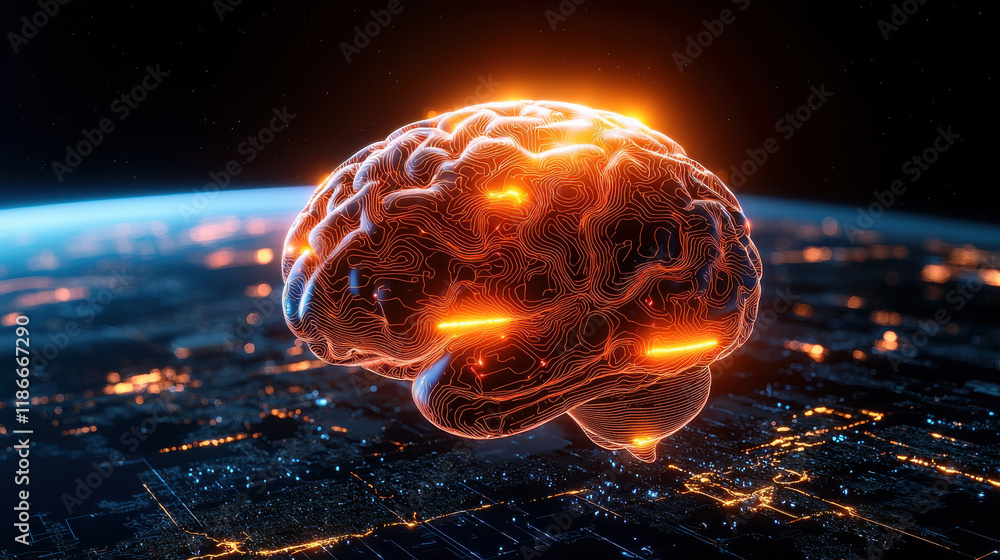 Aufkleber conceptual artwork of AI powered brain hovering above cityscape, illuminated with glowing lines and vibrant colors, symbolizing advanced technology and intelligence