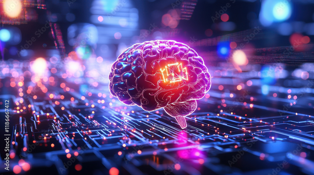 Fototapete conceptual depiction of artificial intelligence shaping future, featuring glowing brain amidst digital circuit background, symbolizing innovation and technology