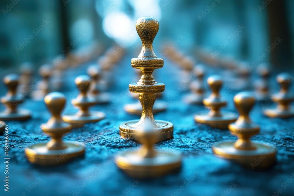 Poster close-up of a single golden chess piece surrounded by many smaller chess pieces on a wooden surface 