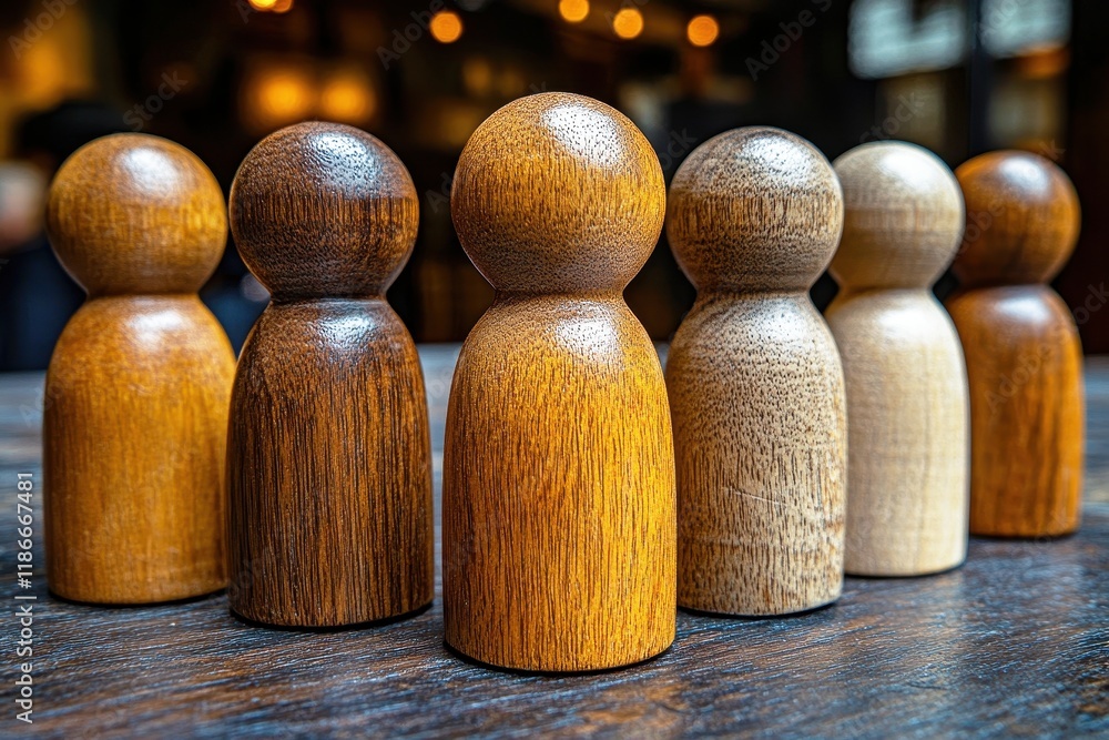 Poster wooden figurines in various shades arranged on a table with warm background lighting for creative an
