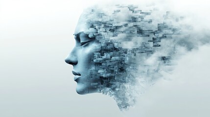 Abstract digital art depicting a female face blending into a cloud of pixels and geometric shapes.
