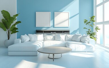 Modern white sectional sofa in bright blue room, sunlight streaming through large window, blank frames on wall, for interior design
