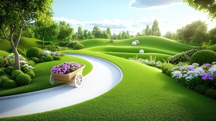 Wheelbarrow and Blooming Garden: A serene garden with a wheelbarrow filled with vibrant flowers, offering a cozy and peaceful setting surrounded by lush greenery