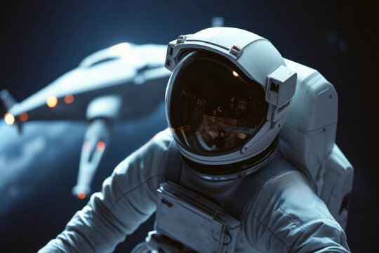 An astronaut performs tasks in outer space, surrounded by the emptiness of the cosmos and a spacecraft visible nearby