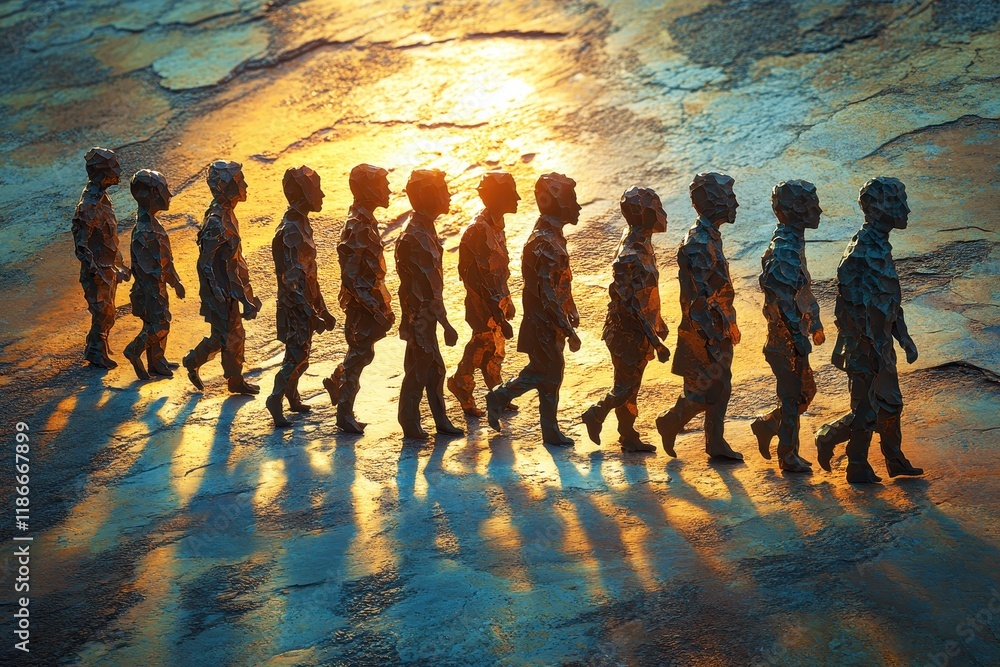 Poster walking figures creating shadows on vibrant sunset surface, artistic representation of movement and 