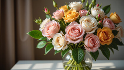 Lush bouquet of mixed roses in a crystal-clear vase, vibrant colors and soft lighting in a cozy setting
