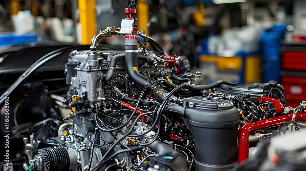 Aufkleber race car engine tuning action in workshop high-tech machinery industrial environment detailed viewpo