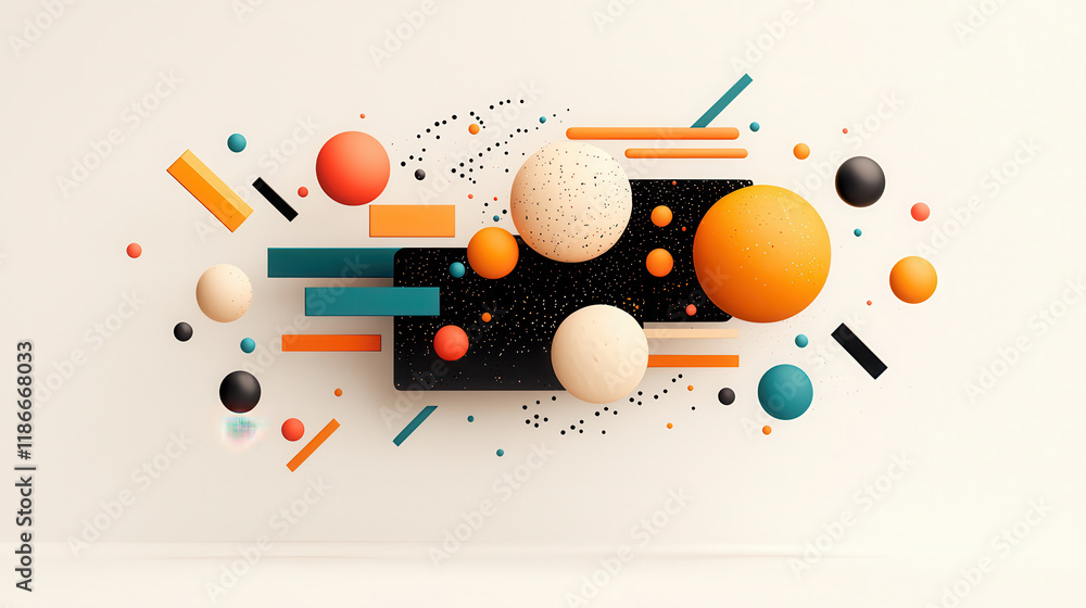 Poster dynamic geometric shapes and vibrant colors create abstract design featuring spheres and lines, evok