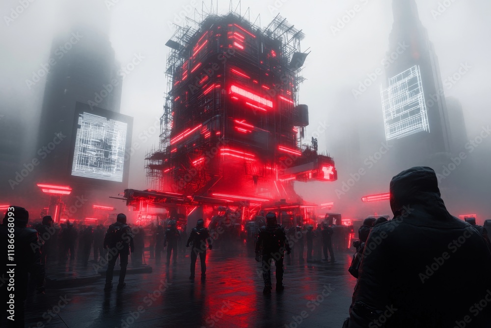 Poster A cyberpunk-inspired construction site with glowing neon scaffolding, robotic workers assembling a futuristic tower, and holographic project blueprints floating in the air