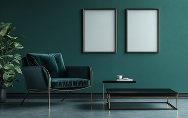 Teal room, velvet armchair, coffee table,  mockup frames, plant. Interior design inspiration