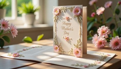 Handmade Mother's Day card with delicate floral design and intricate details, illuminated by natural sunlight on a wooden table