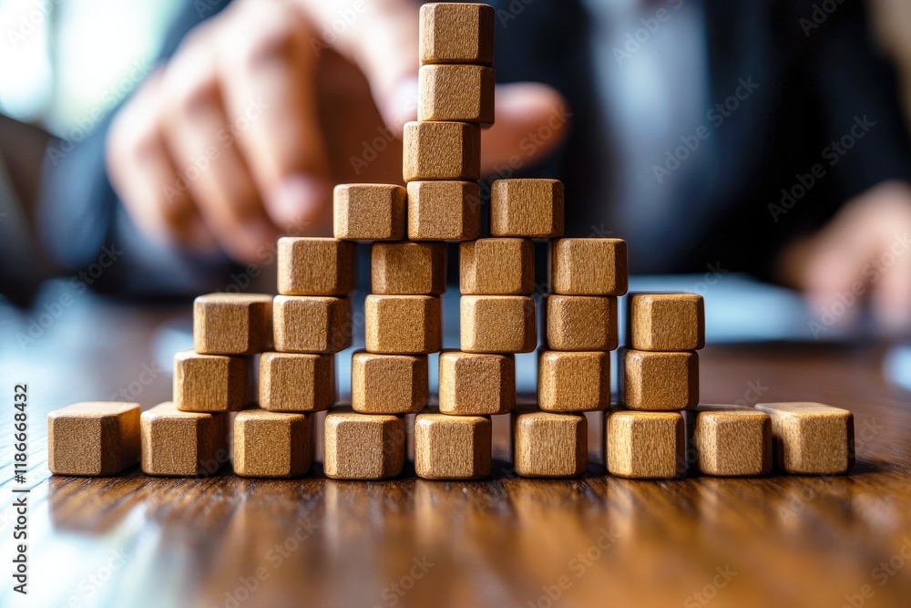 Aufkleber wooden blocks forming a pyramid structure in a business setting with blurred hands in background foc