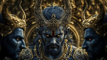 Fototapeta premium Epic depiction of ravana's fierce expression mythical realm digital art dark fantasy close-up cultural heritage