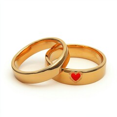 Two elegant gold wedding bands, one featuring a red heart, symbolizing love and commitment.