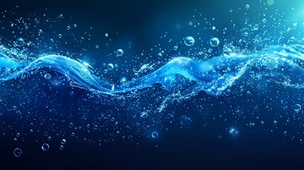 Abstract blue water wave with bubbles, flowing smoothly on dark background.