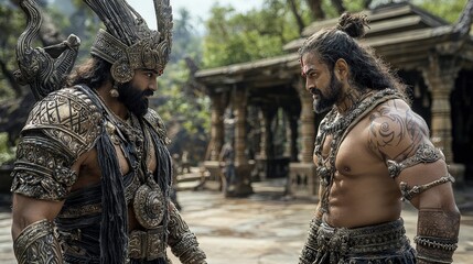 Epic consultation of sugriva and rama amidst ancient temple ruins a mythological art experience in nature