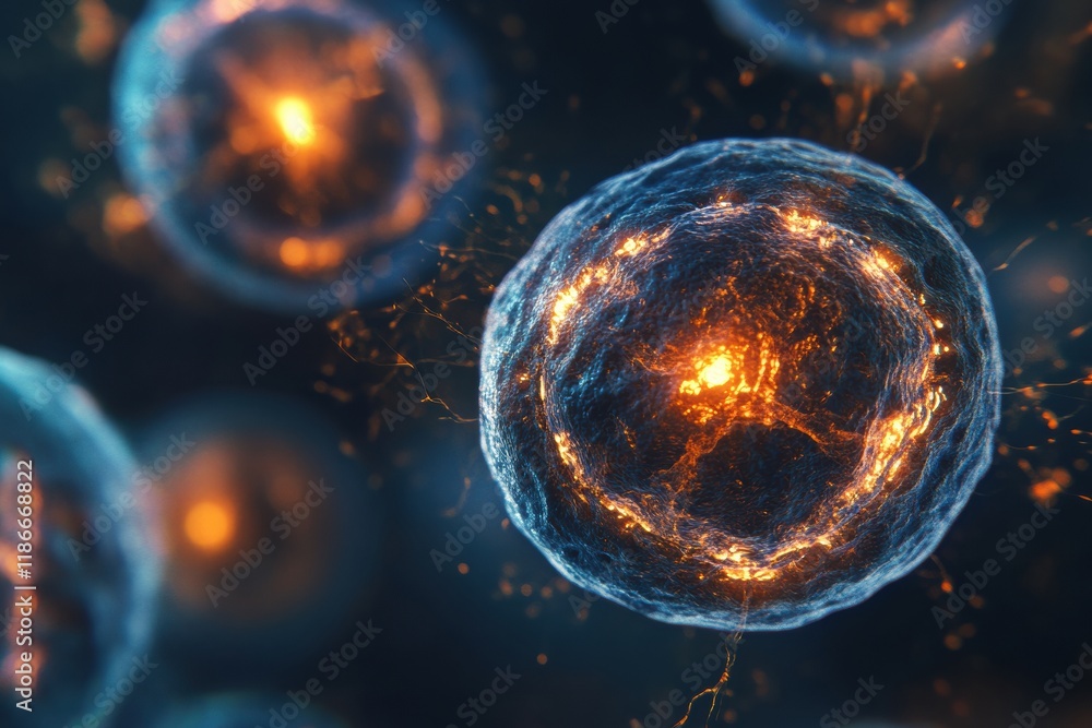 Leinwandbilder glowing cancer cells with illuminated edges under microscopic observation and analysis in a laborato