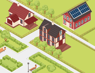 Isometric neighborhood with houses, trees, and gardens. Ideal for housing or real estate illustrations. Vector illustration