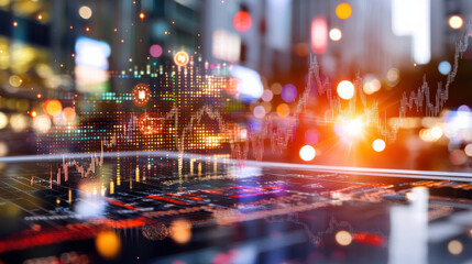 conceptual illustration of economic analysis with digital graphs, city lights, and data visualization, showcasing intersection of finance and technology