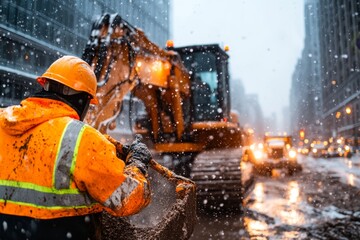 A detailed view of a construction site under a rainstorm, with workers covered in rain gear and heavy machinery creating splashes in the mud