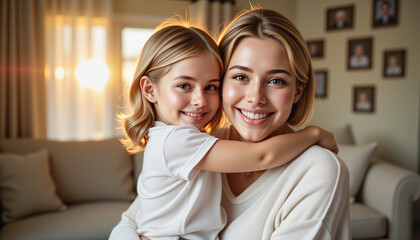 Mother and daughter smiling together in a cozy living room with soft sunset lighting, celebrating their bond on Mother&rsquo;s Day