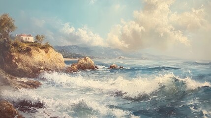 Vintage oil painting depicting an ocean view with crashing waves and rocks, a house in the distance, muted colors, low color saturation, and neutral tones.