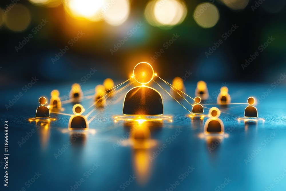 Poster conceptual network connection and communication with glowing figures representing people and technol